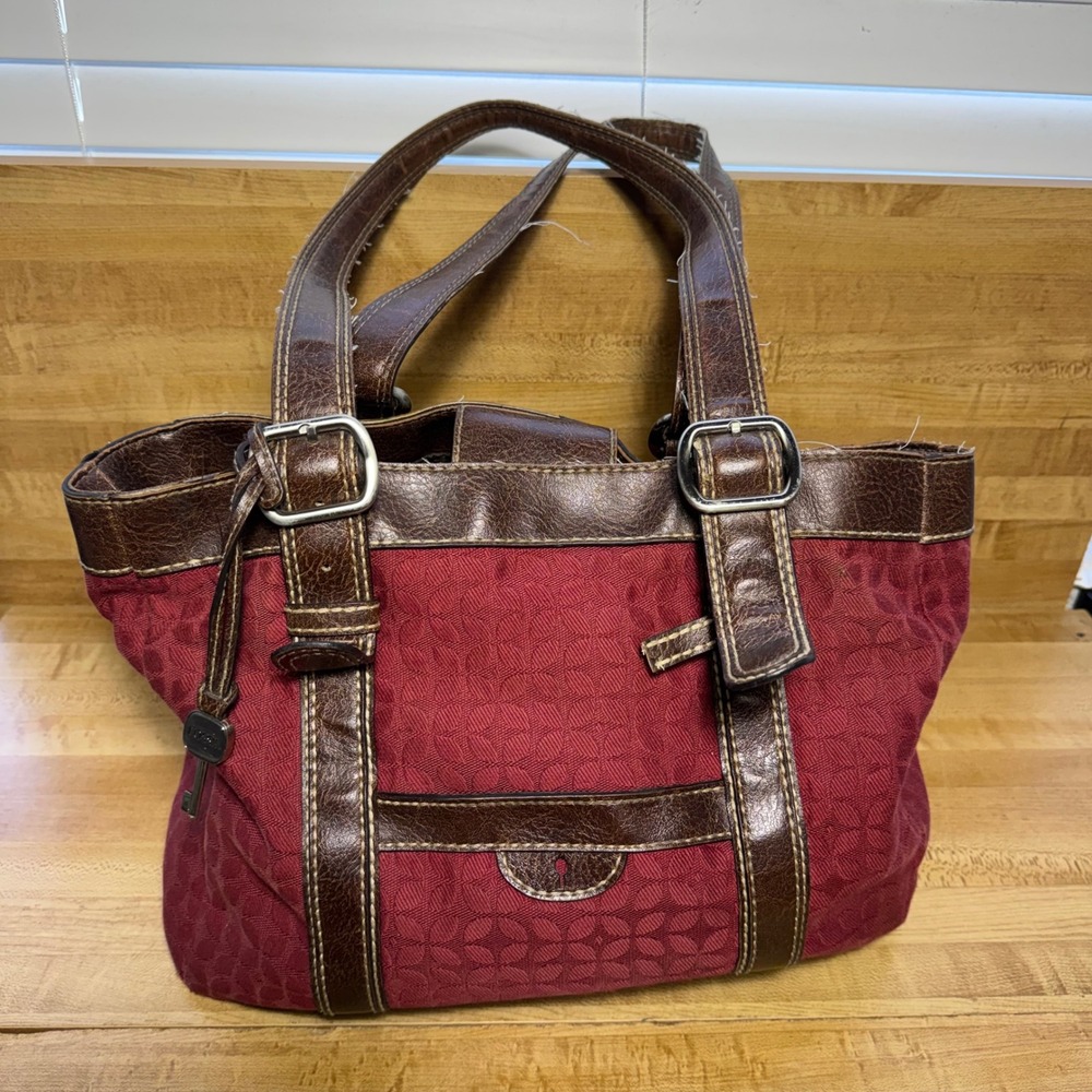 Y2K Fossil Burgundy Floral Jacquard & Brown Leather Trim Shoulder Bag Tote